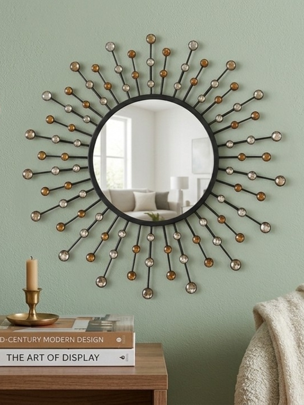 Stunning Sunburst Metal Wall Mirror – Amber & Silver Accents